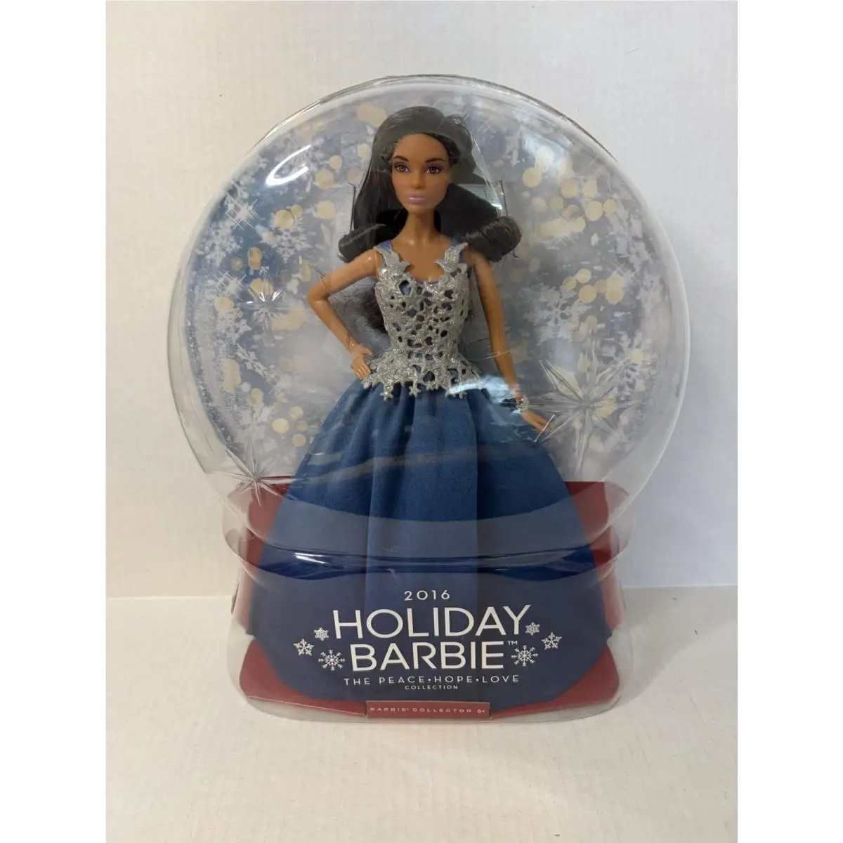 2016 Holiday Blue Dress Brunette AA Barbie Doll Peace Hope Love DGX99 Nrfb