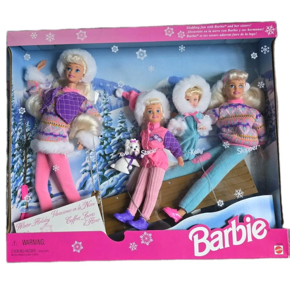 Vintage 1995 Barbie Winter Holiday Koko Stacie Kelly Skipper Sledding