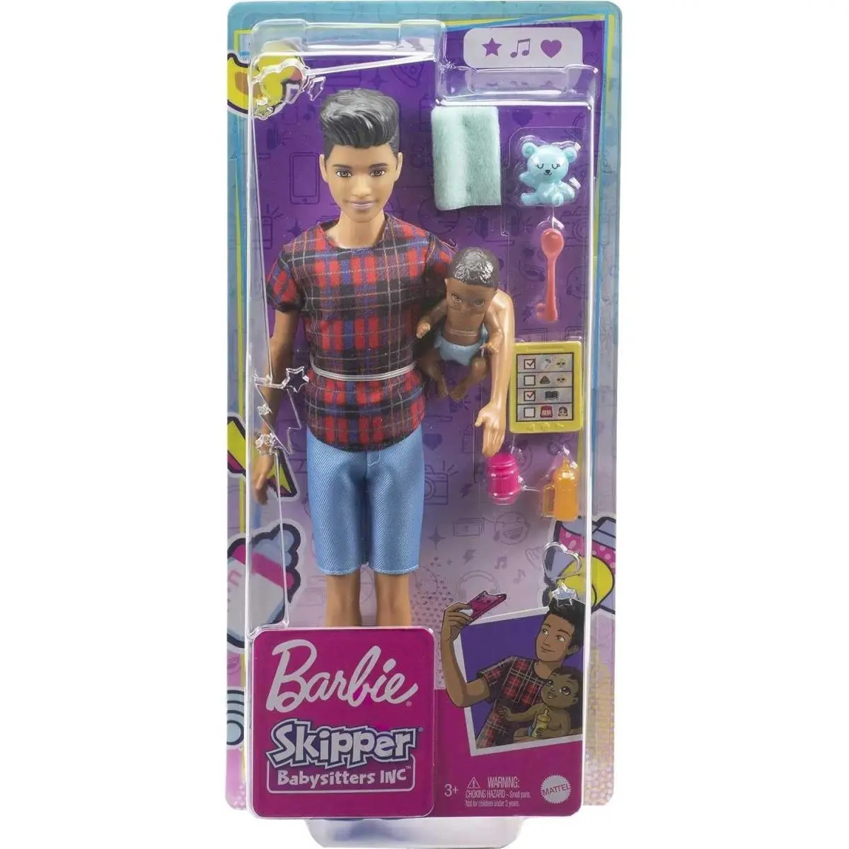 Barbie Skipper Babysitters Black Hair Brown Eyes Boy Doll with Baby