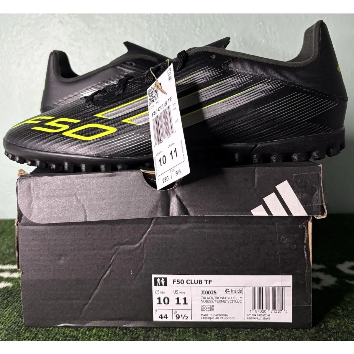 US M 10 -  F50 Club Turf Soccer Black Iron Metallic Lucid Lemon JI0025 by Adidas