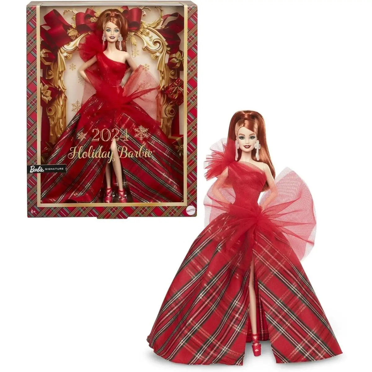 Barbie 2024 Holiday Doll Signature Plaid Gown Red Bow Red Hair Collectible