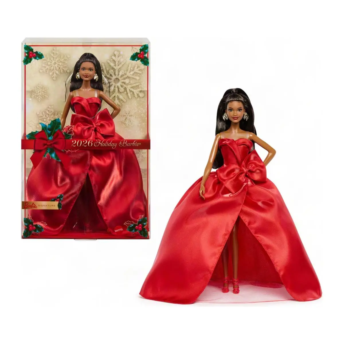 Barbie Signature Doll 2026 Holiday Black Hair Fashion Doll Wearing Red Gown Wit