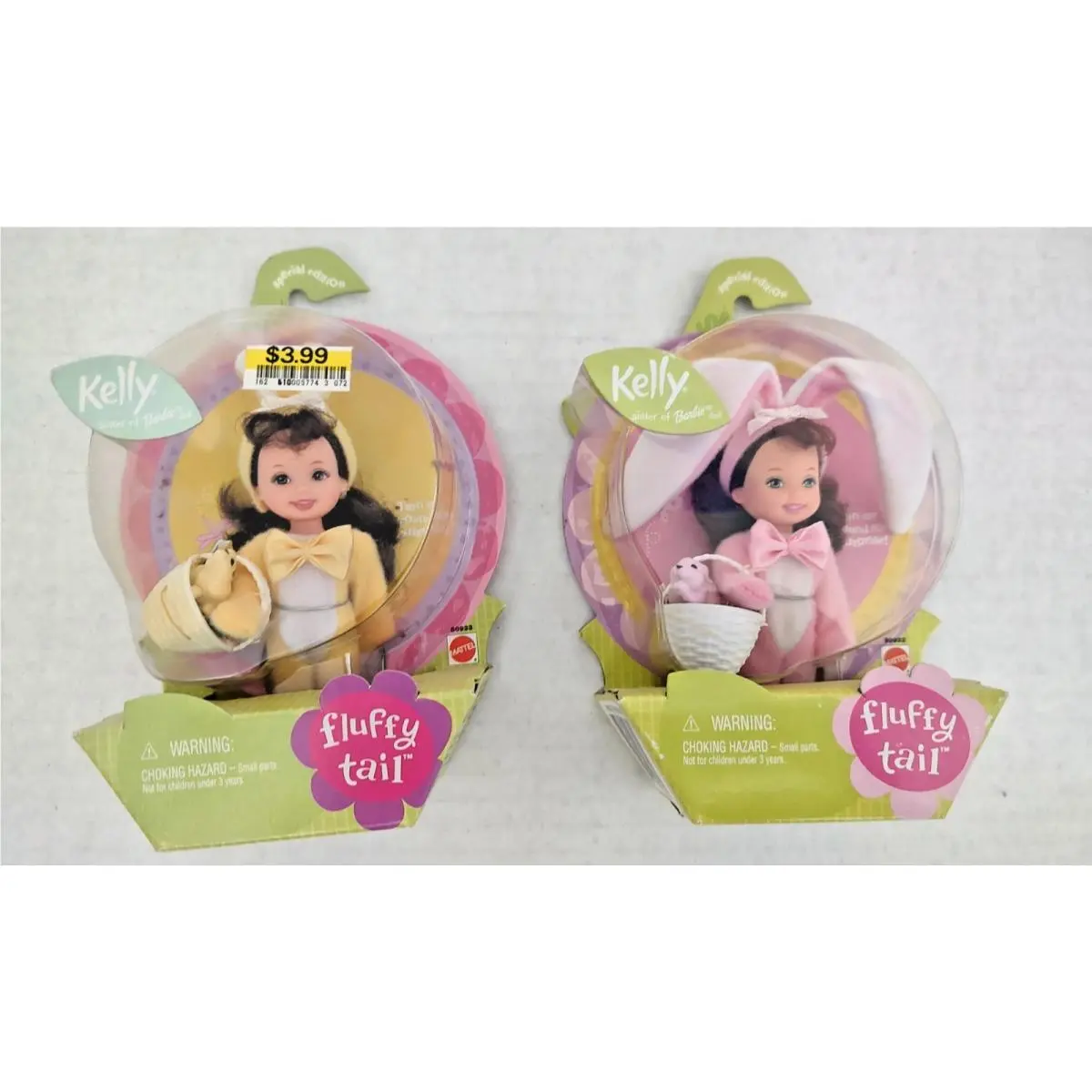 Nrfb Kelly Barbie Doll Fluffy Tail Easter Bunny Set of 2 Pink Yellow 2001