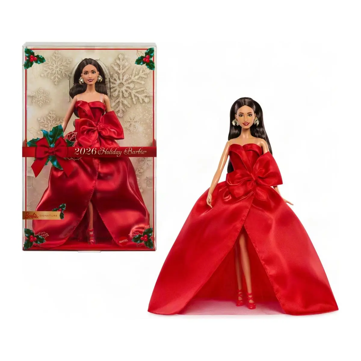 Barbie Signature 2026 Holiday Doll Brown Hair Fashion Doll Wearing Red Gown w