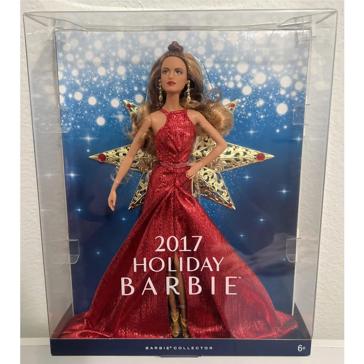 2017 Holiday Barbie Doll Brunette Brown Skin Red Dress