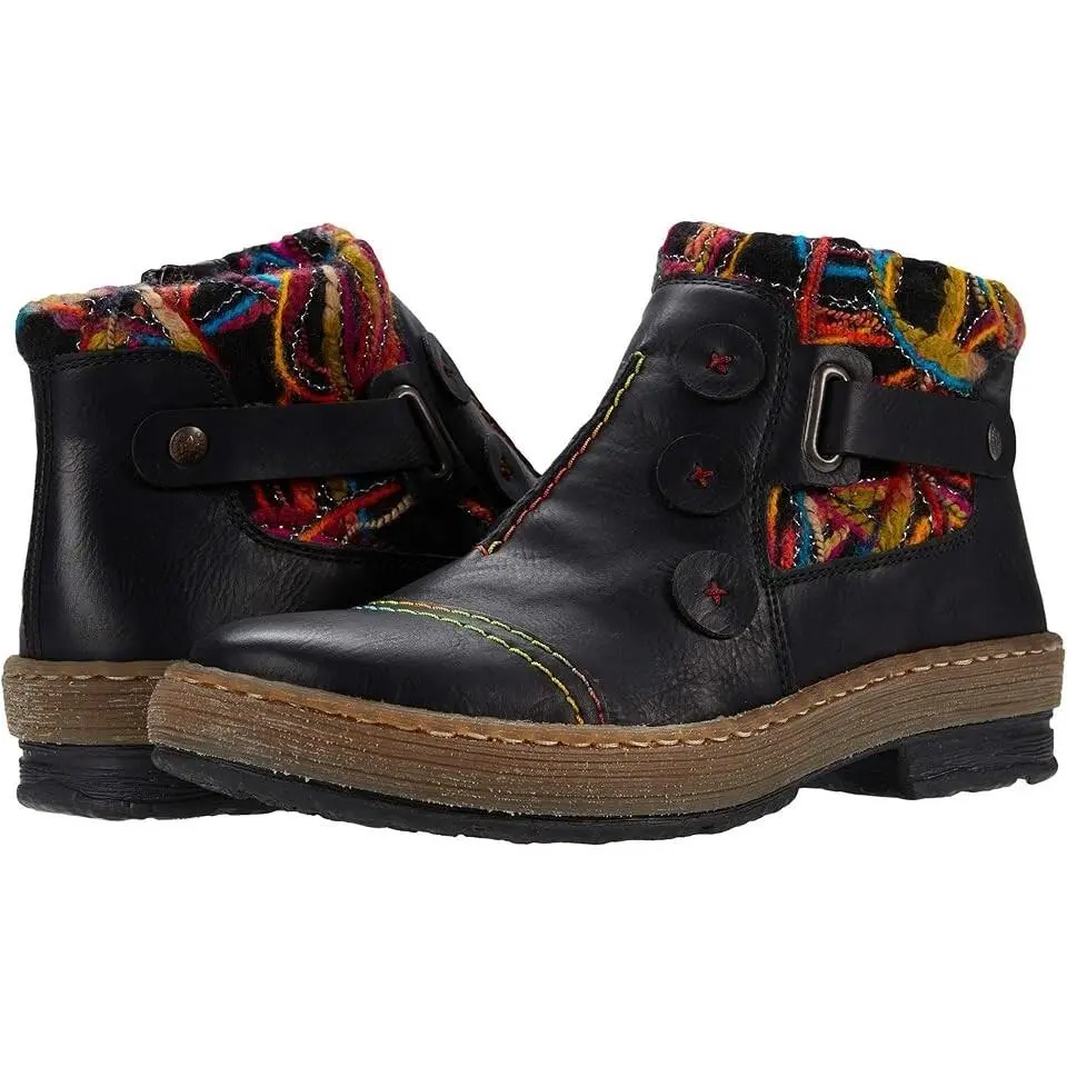 Rieker D4761 Black Felicitas 59 Embroidered Ankle Boots Size EU 41 US 9.5 M