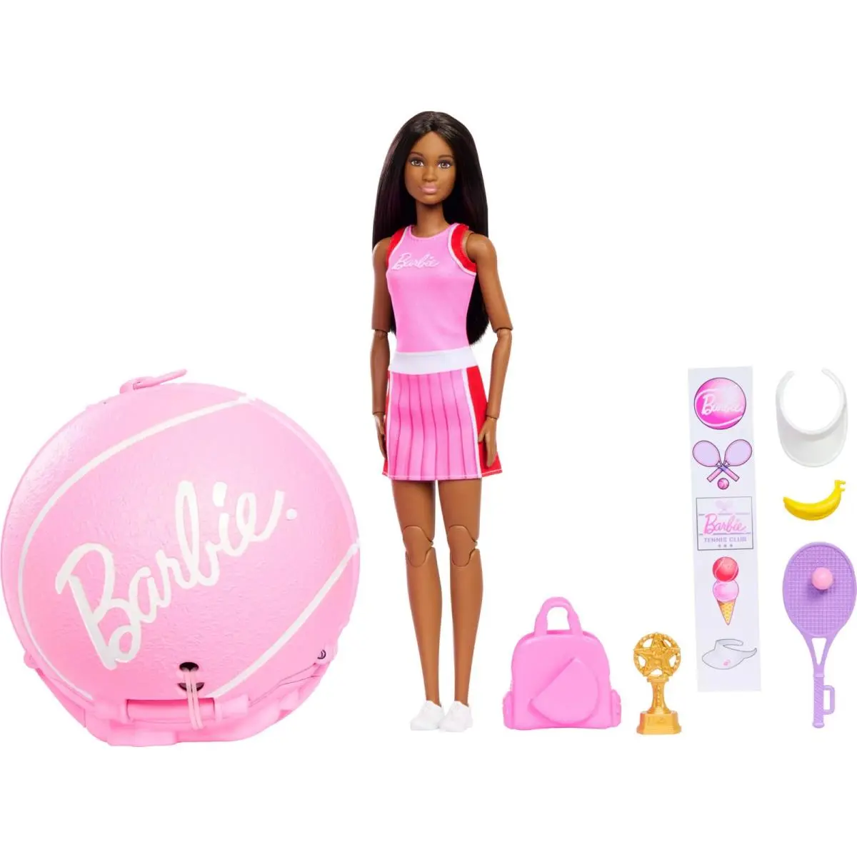 Barbie Team Roll and Reveal Tennis Player Doll and Accessories with Brunette Fas
