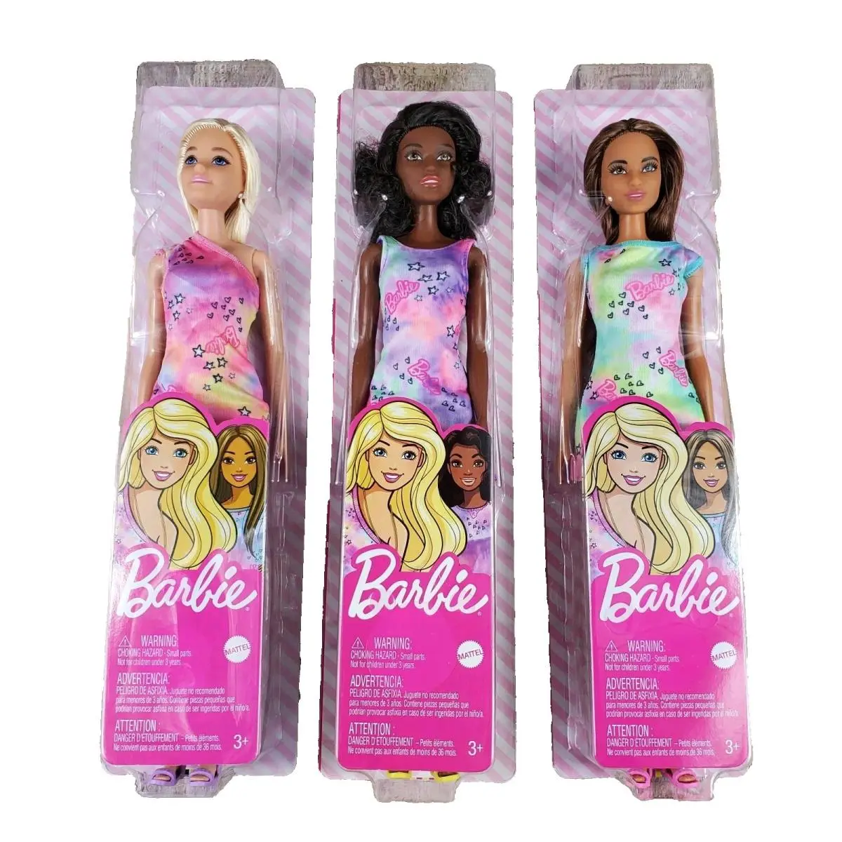 3x Barbie Doll 2020 Logo Tie Dye Dress Caucasian Brunette African-american