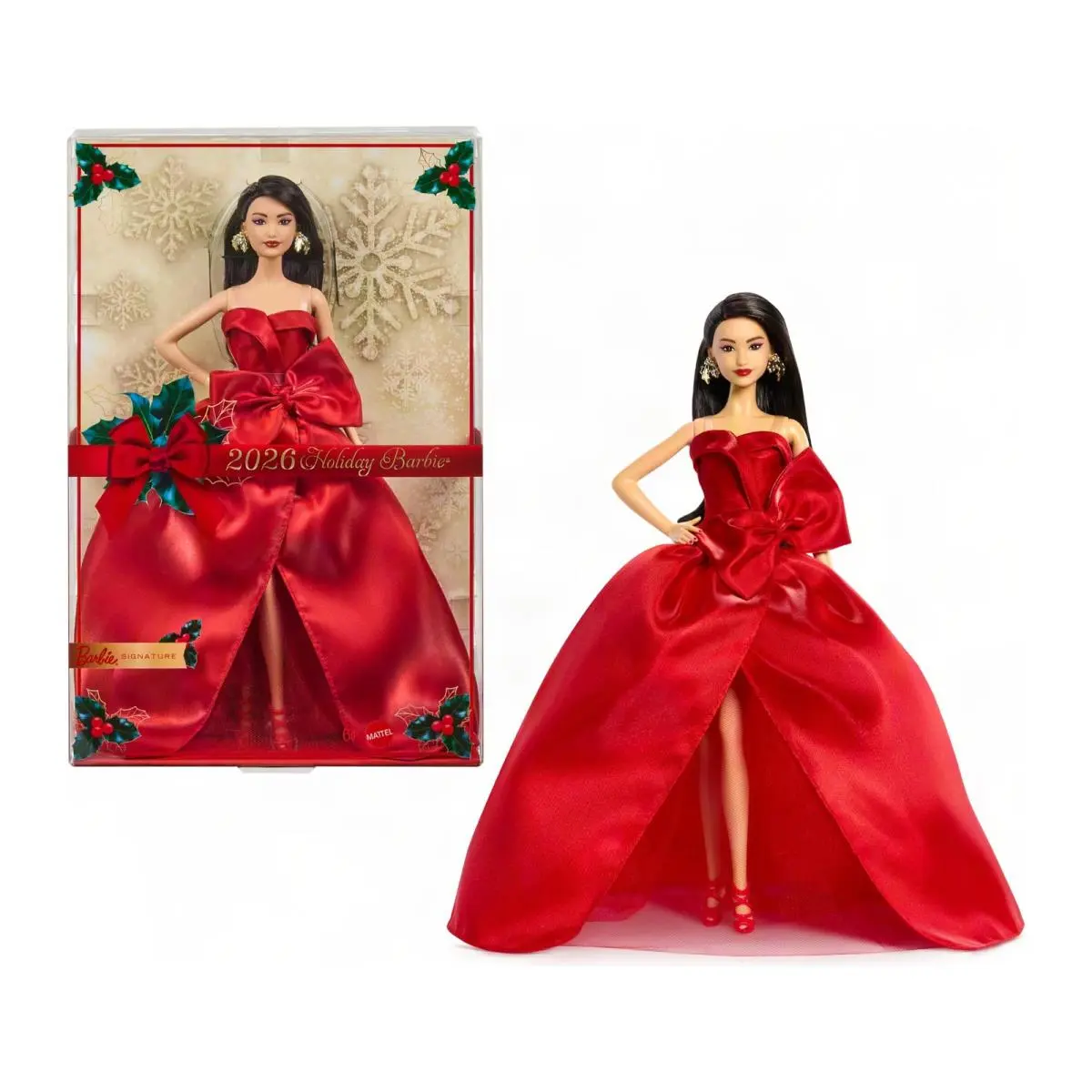 Barbie Signature 2026 Holiday Doll Dark Brown Hair Fashion Doll Wearing Red G