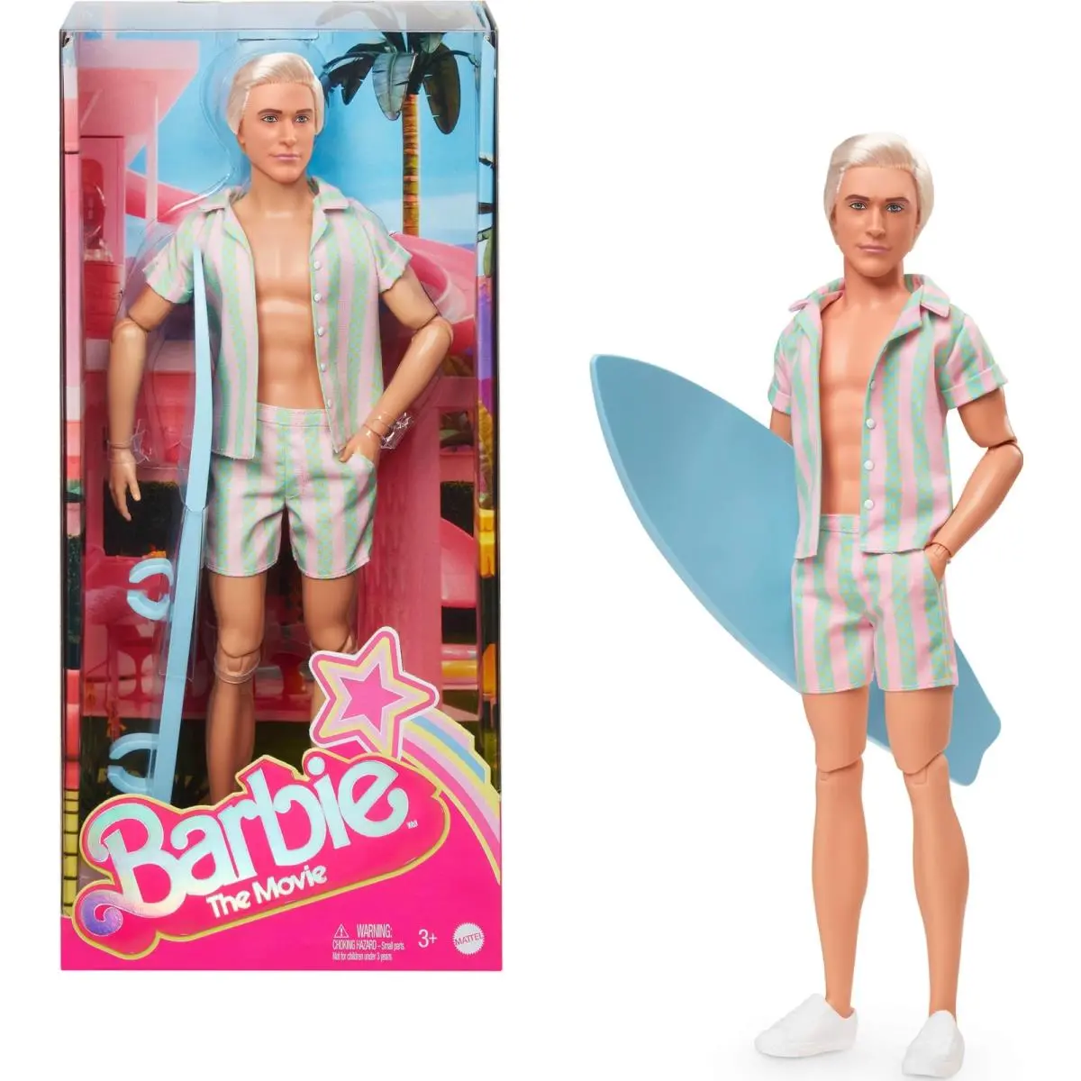 Barbie The Movie Ken Doll with Surfboard Beach Outfit Posable Figure