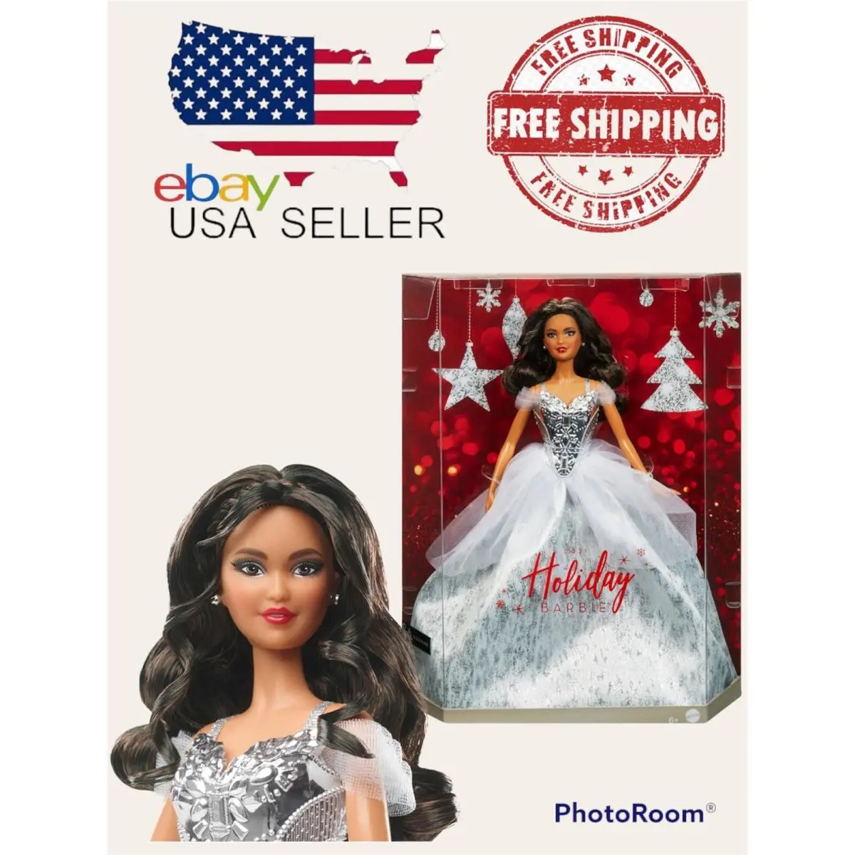 Barbie Signature 2021 Holiday Barbie Doll 12-Inch Brunette Curly Hair In Silve