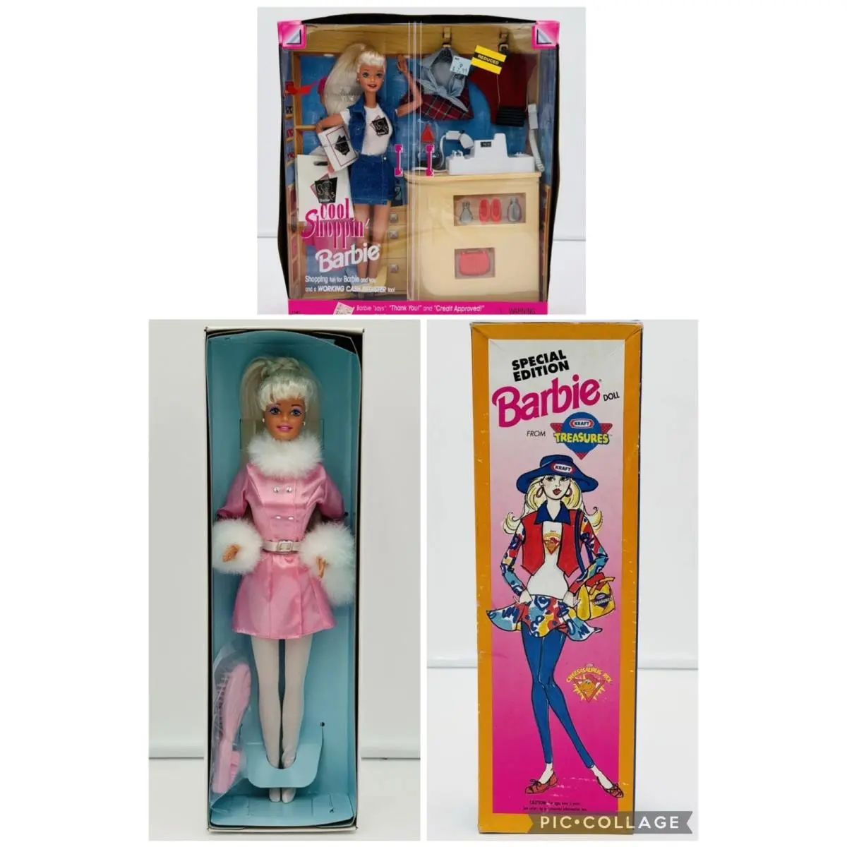 3 Vtg Barbie Dolls Flaw Cool Shoppin Talking Winter Dazzle Kraft Mac Cheese