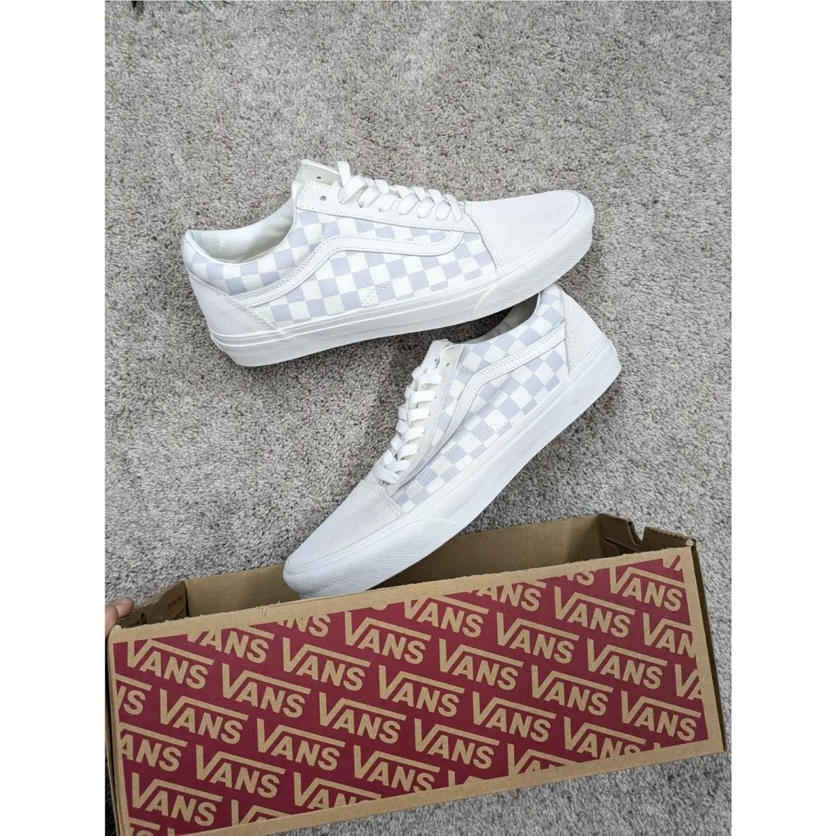 Old Skool Shoes Mens 11 White Checkerboard Gray Marshmallow Sneakers by Vans