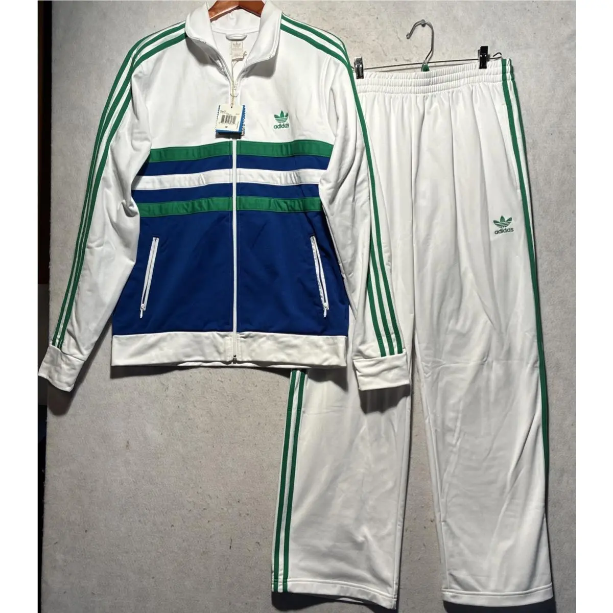 Originals Trefoil Tracksuit Sz M White Green Blue Stripe Y2K Hip Hop Rap by Adidas