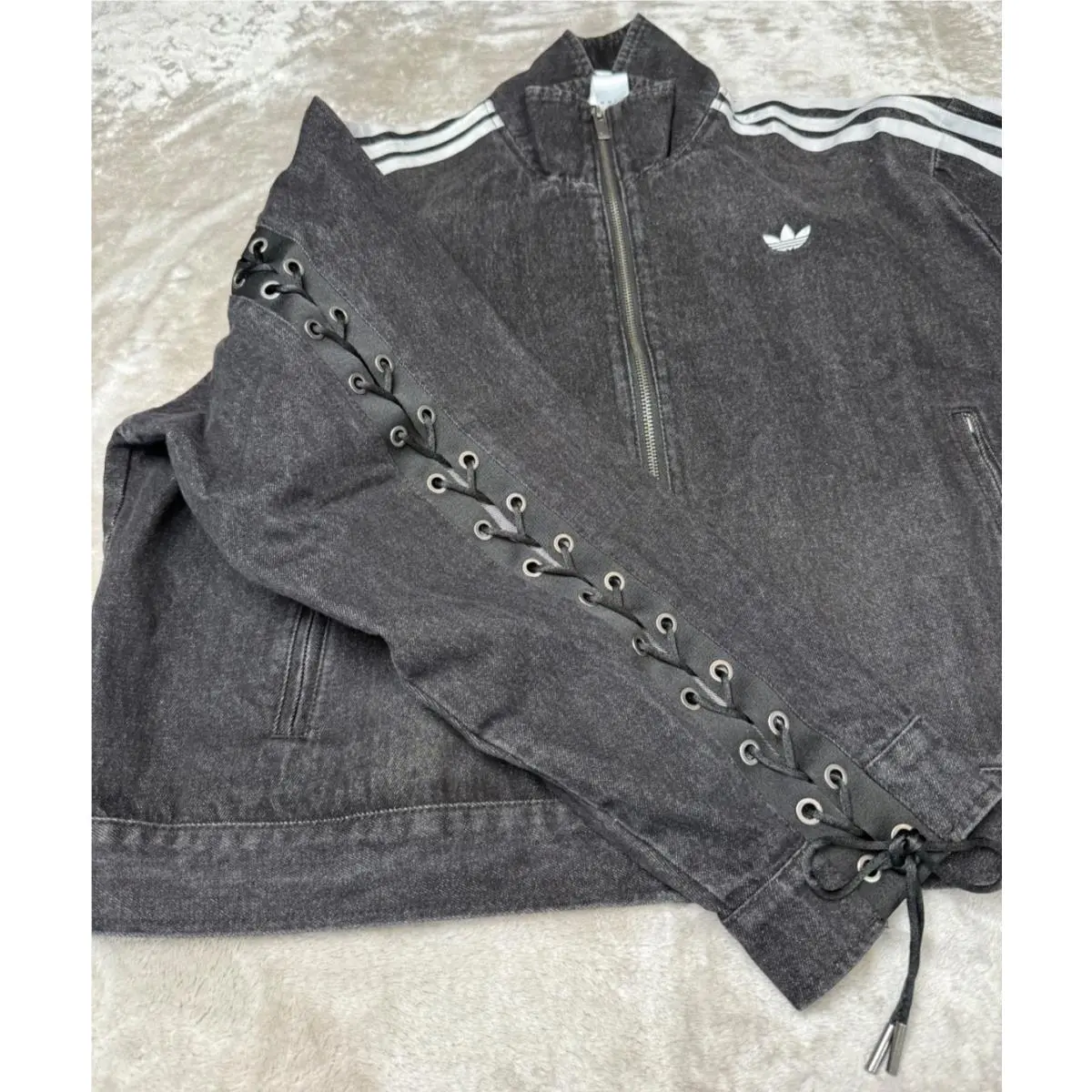 Adidas Originals Firebird Lace Up Black Denim Funnel Neck Jacket Womens M