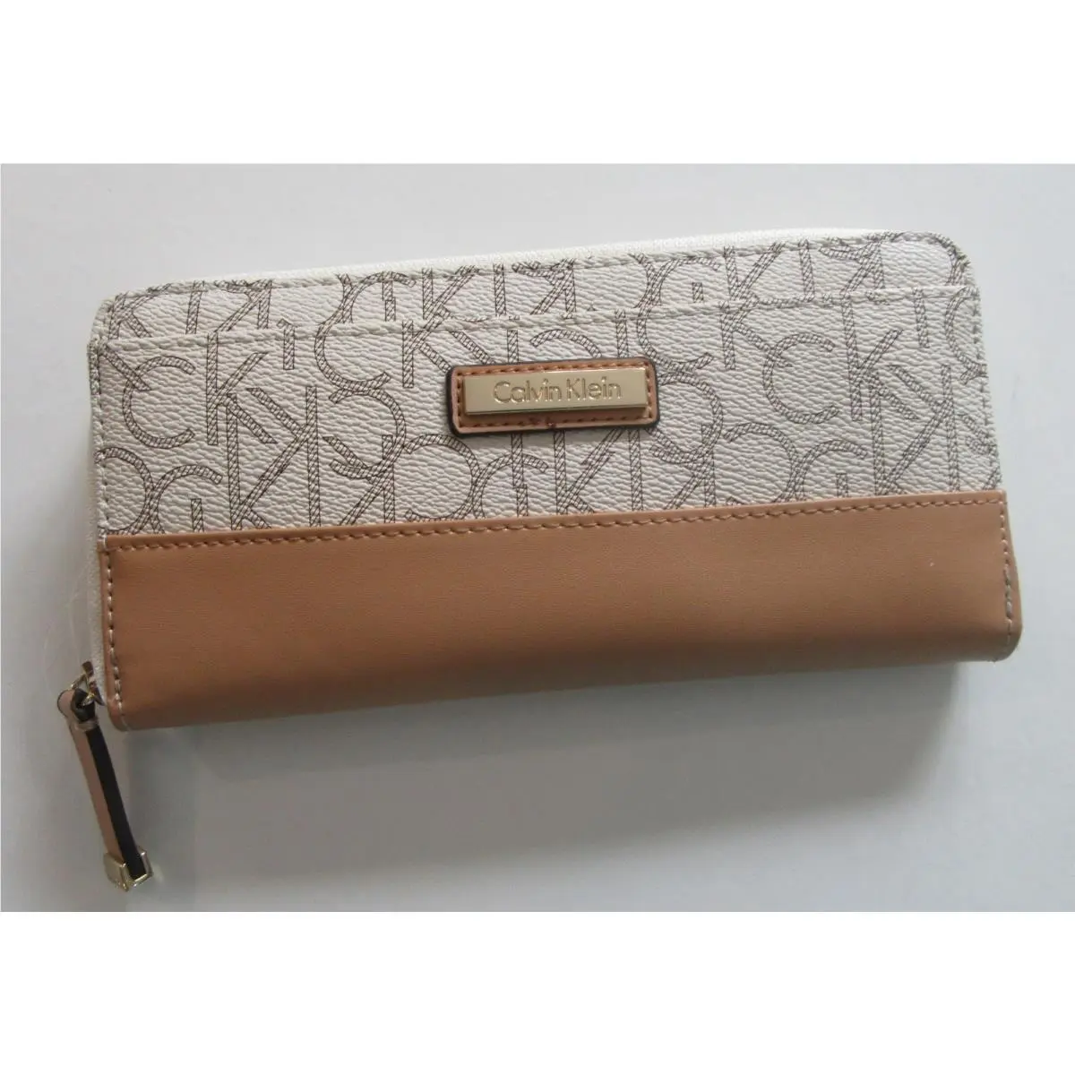 Signature Logo Zip Around Wallet Cream / Tan by Calvin Klein