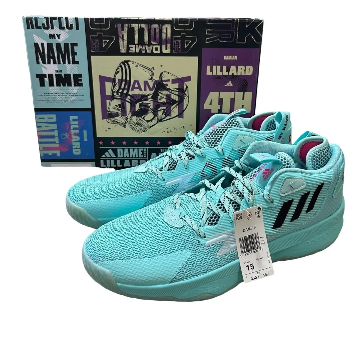 Adidas Dame 8 Dolla Respect My Name Basketball Shoes Men`s Sz 15 Aqua Black