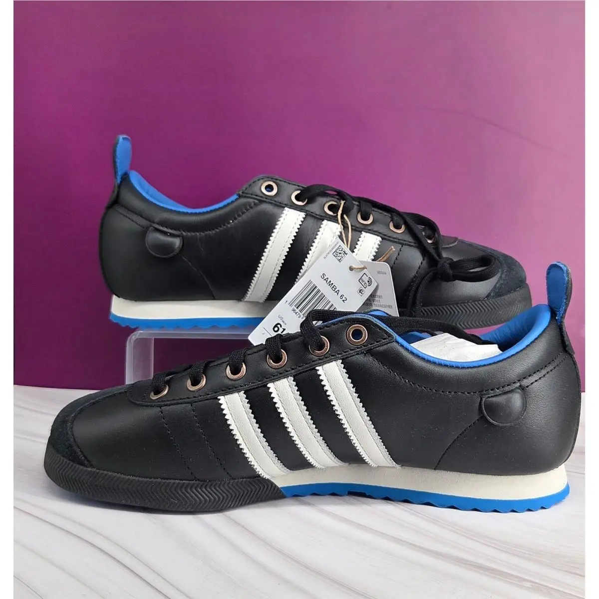 Samba 62 Sneakers Mens 6.5 Womens 7.5 Black White Blue Leather IH8603 by Adidas