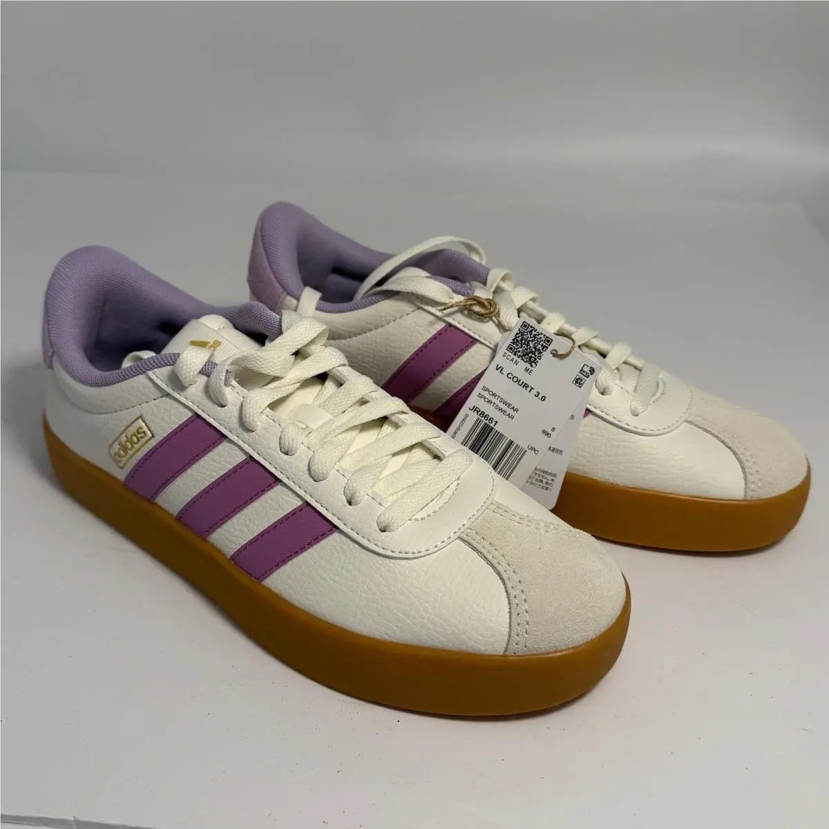 VL Court 3.0 Women`s 7.5 White Purple Gum Sneakers JR8661 by Adidas