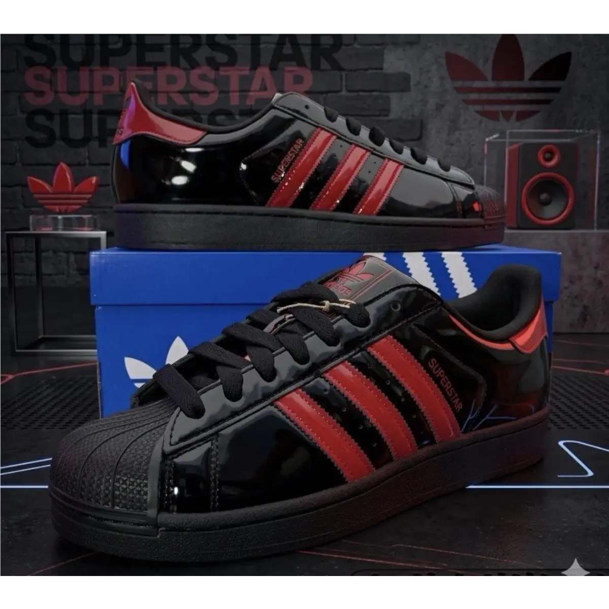 Men`s Size 9-  Superstar Black Red Patent Leather Shell Toe by Adidas