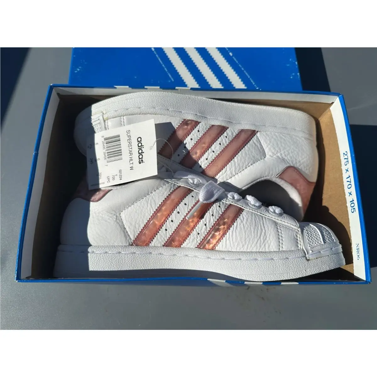 Size 7.5 -  Superstar OG White with Pink Reflective Stripes by Adidas