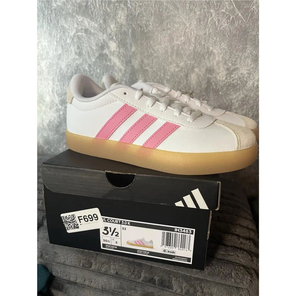 VL Court 3.0 K Girls Sneakers Size 3.5 White Pink Gum IH3483 by Adidas