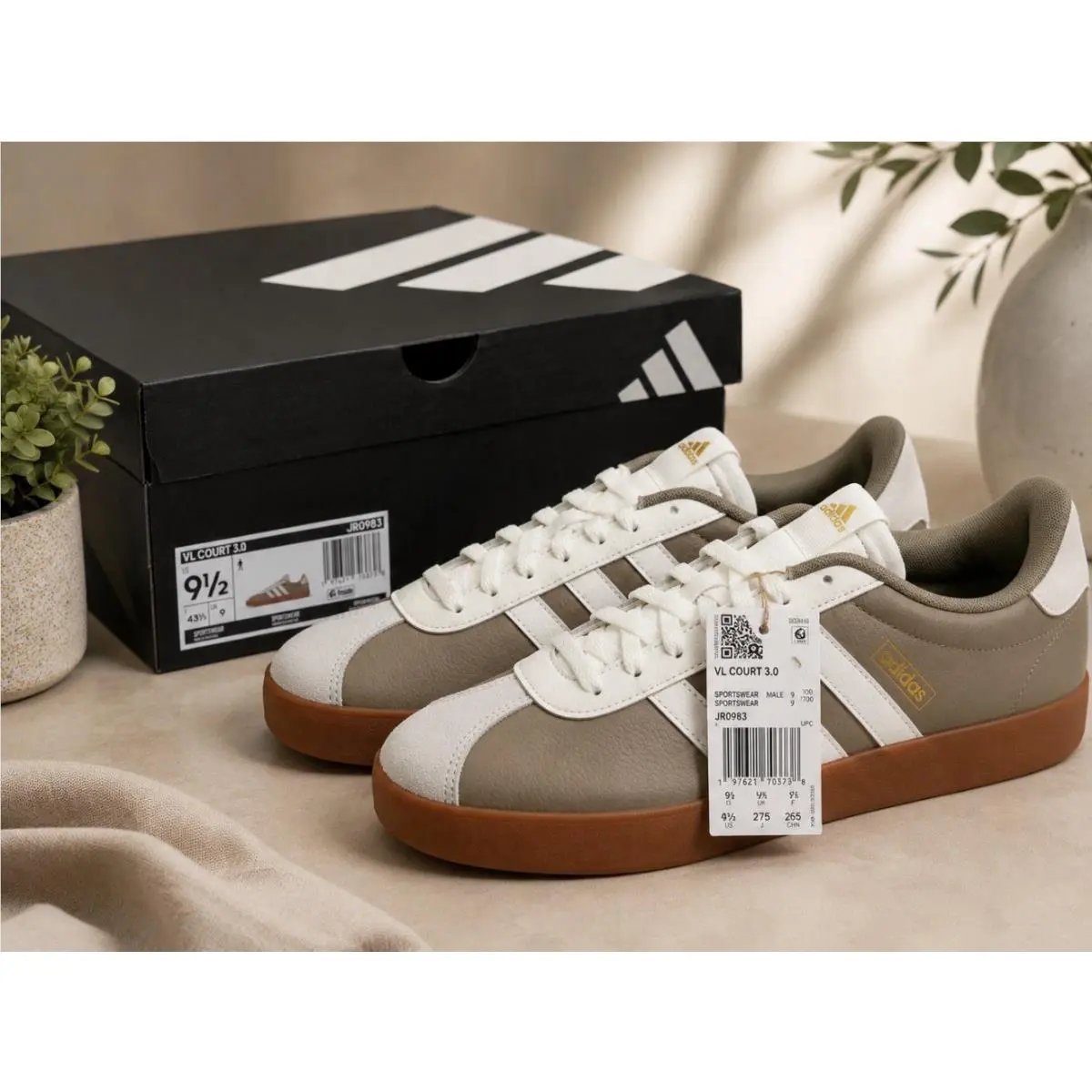VL Court 3.0 Men’s Size 9.5 Taupe White Gum Sneakers JR0983 Tags by Adidas