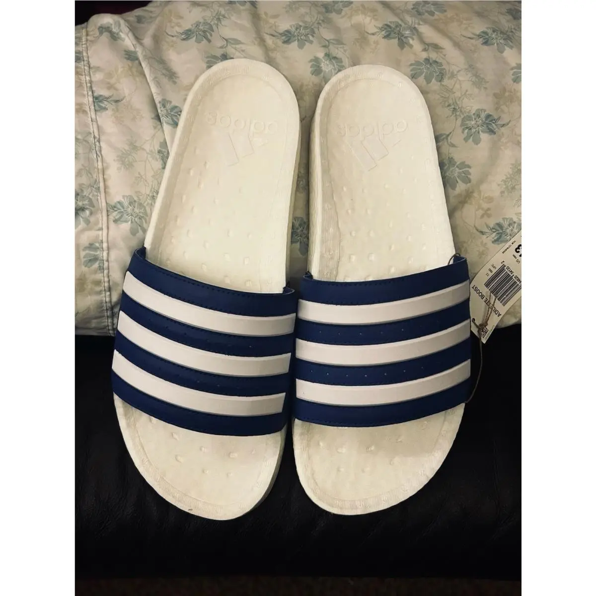 Adilette Boost Slides White and Blue Stripes by Adidas
