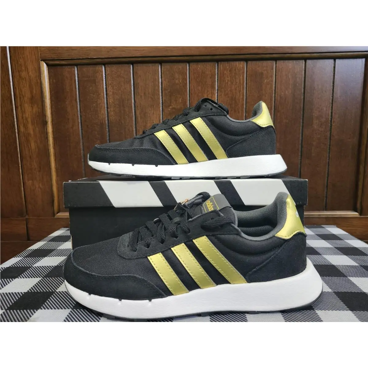 Run 60S 2.0 GX1714 Black W Gold Stripes Trim Size 5.5W or Size 4Y by Adidas