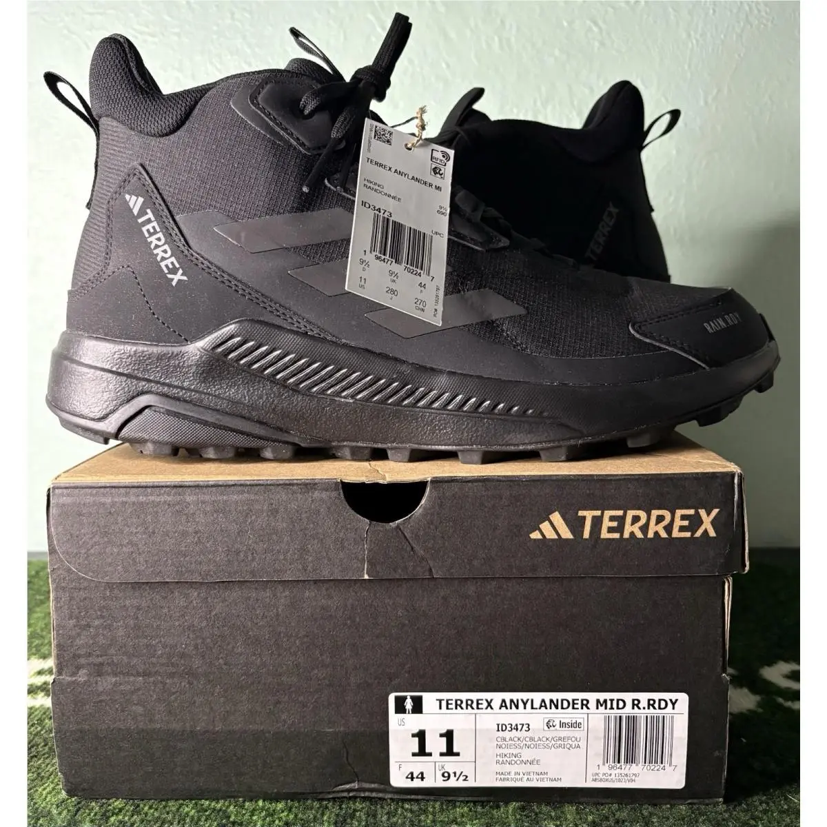 US W 11/M 10 -  Terrex Anylander Mid Rain.rdy Black Grey Hiking ID3473 by Adidas
