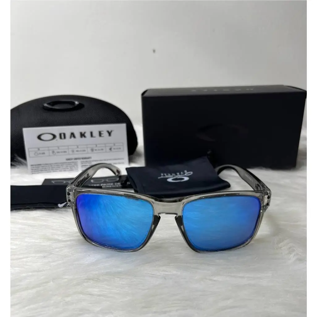 Holbrook Grey Smoke Clear Frame Blue Mirror Polarized Lens Sunglasses by Oakley