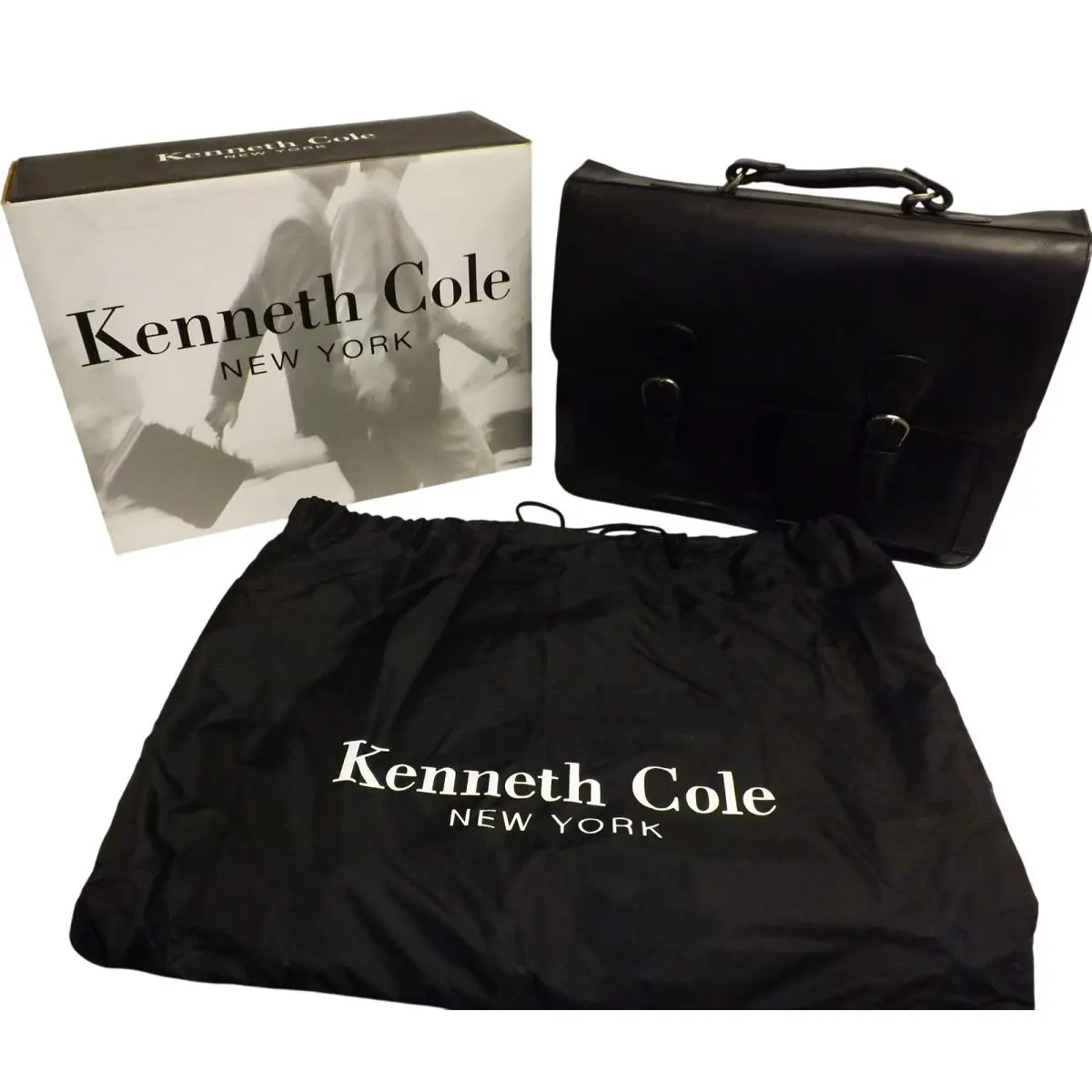 York Black Gen Leather Laptop Briefcase W/ Dust Bag Box by Kenneth Cole