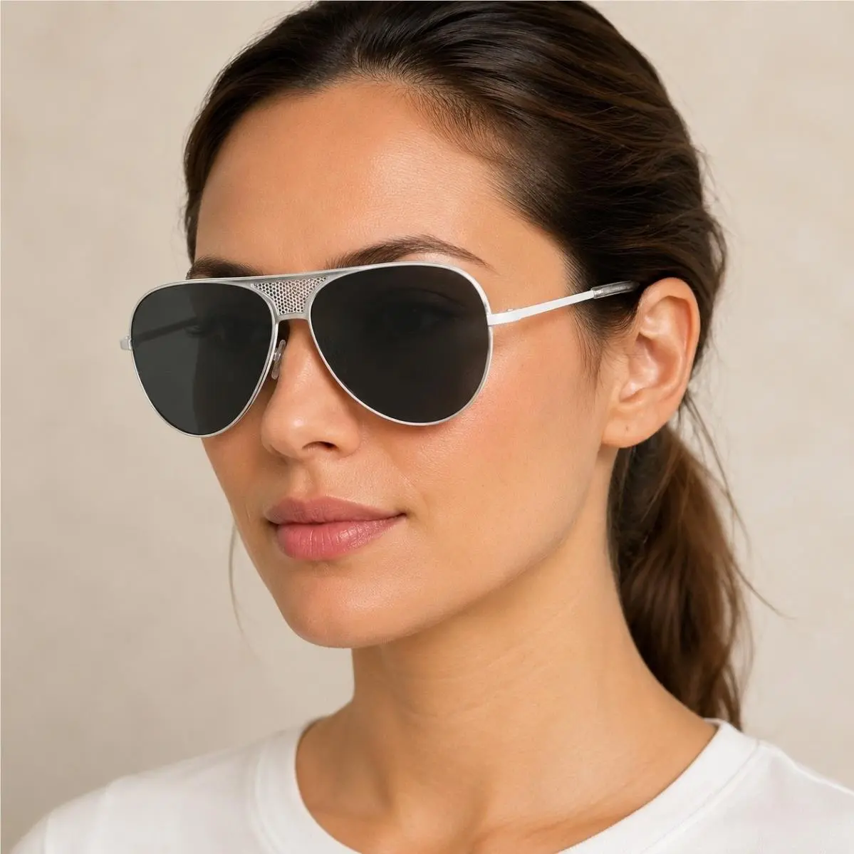 Quay Australia Iconic Aviator Sunglasses White Metal Mesh Bridge Black Lens by QUAY