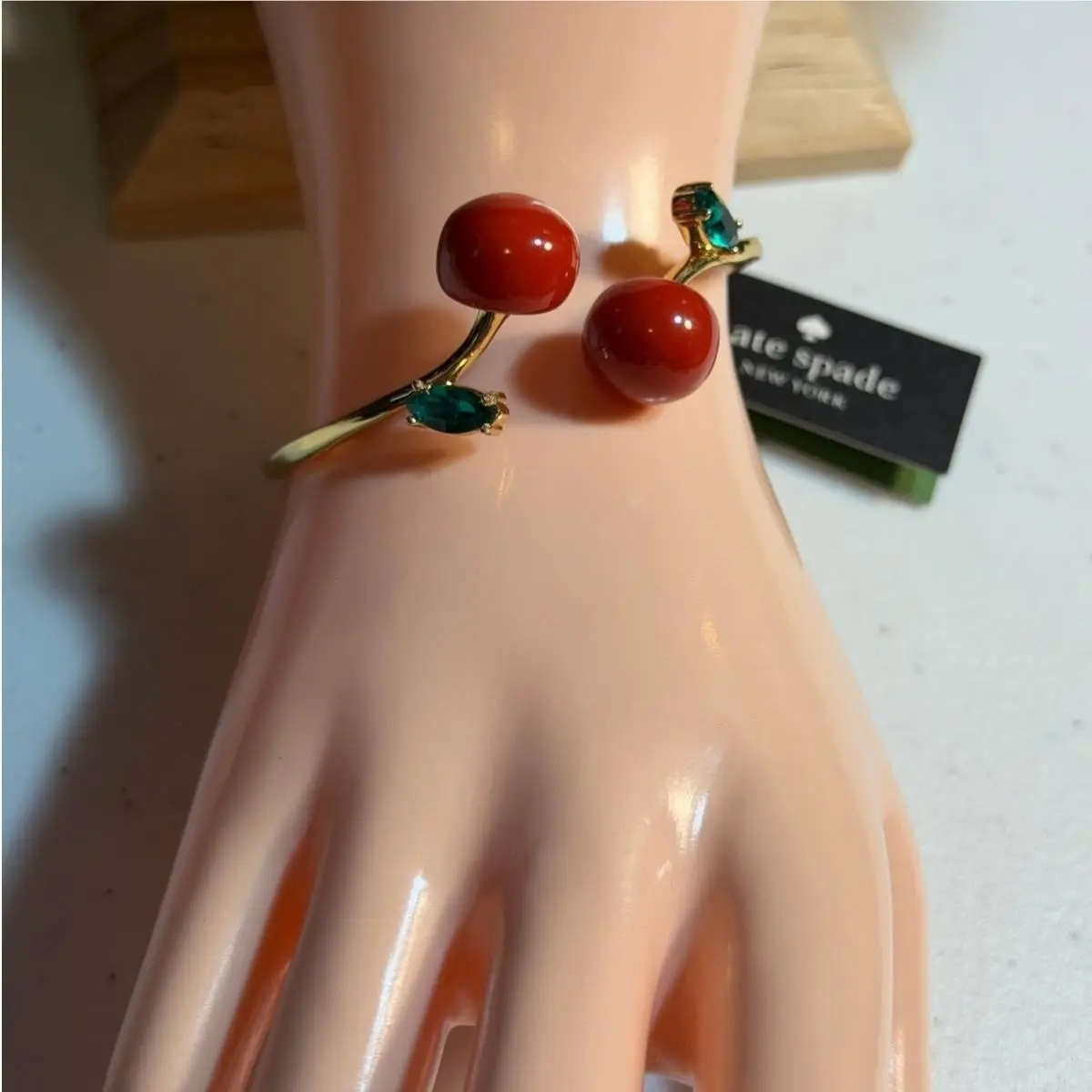 Ma Chérie Cherry Open Hinged Cuff Bracelet Gold Red Green by Kate Spade