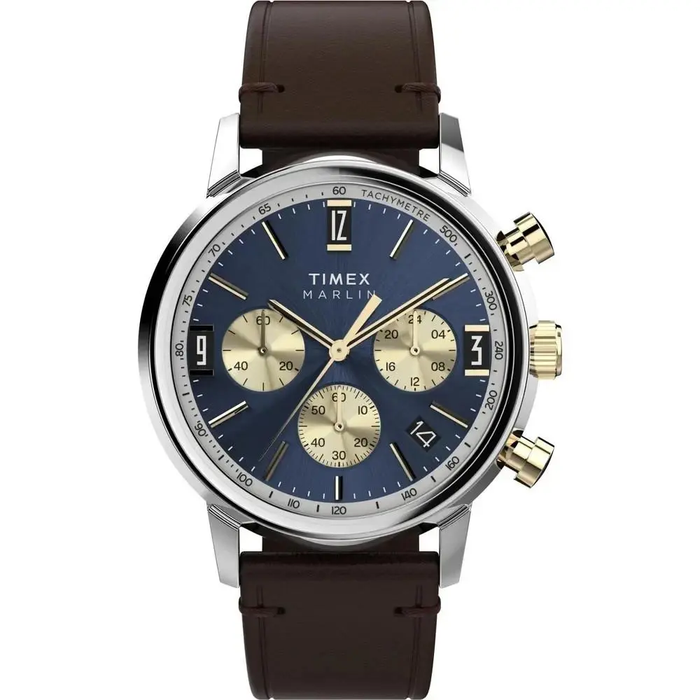 Marlin Men`s Quartz Chronograph Watch TW2W60400 Blue Dial 40mm Leather by Timex
