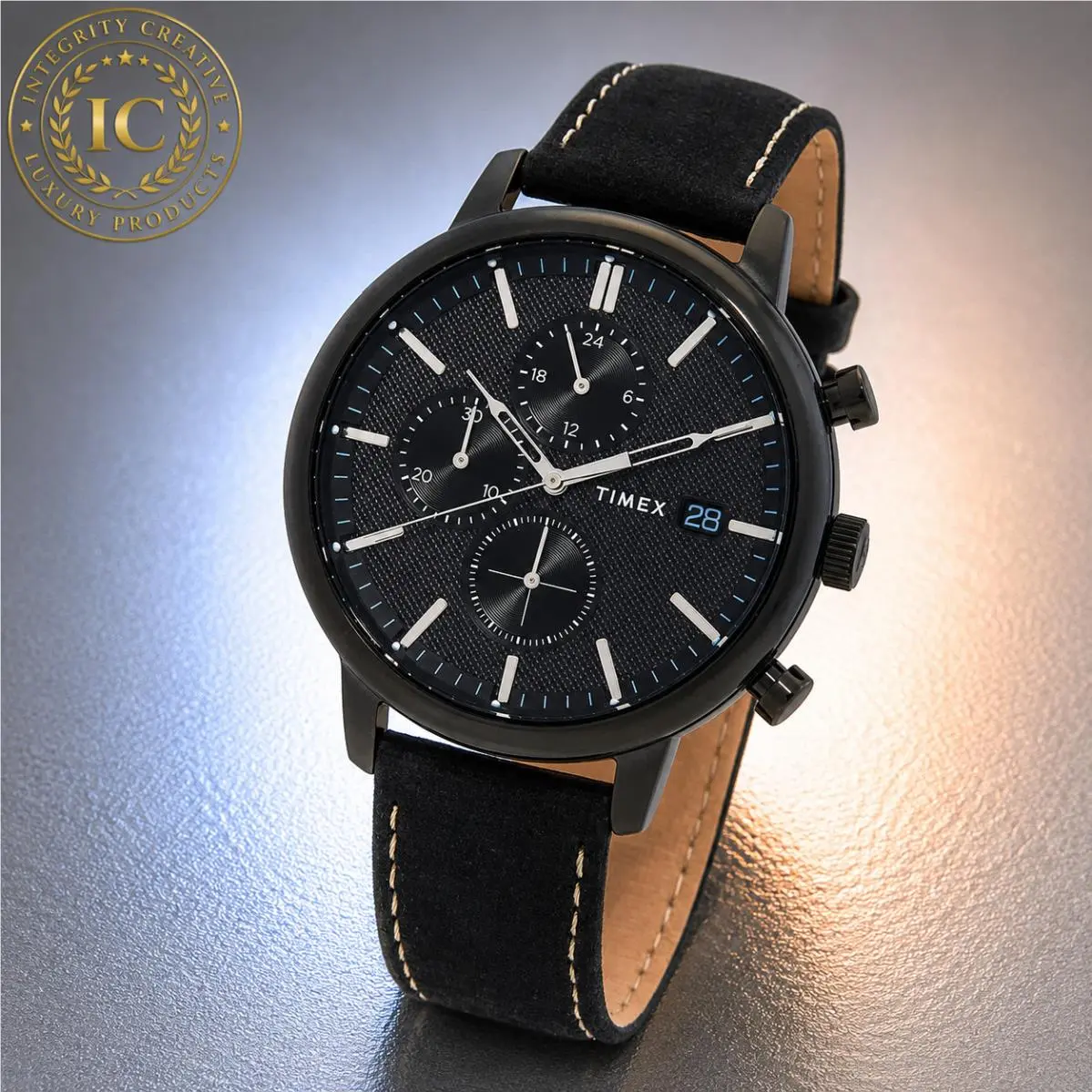 Men`s 45MM Classic Quartz Watch Black Dial Suede Leather Strap Wristwatch Timex