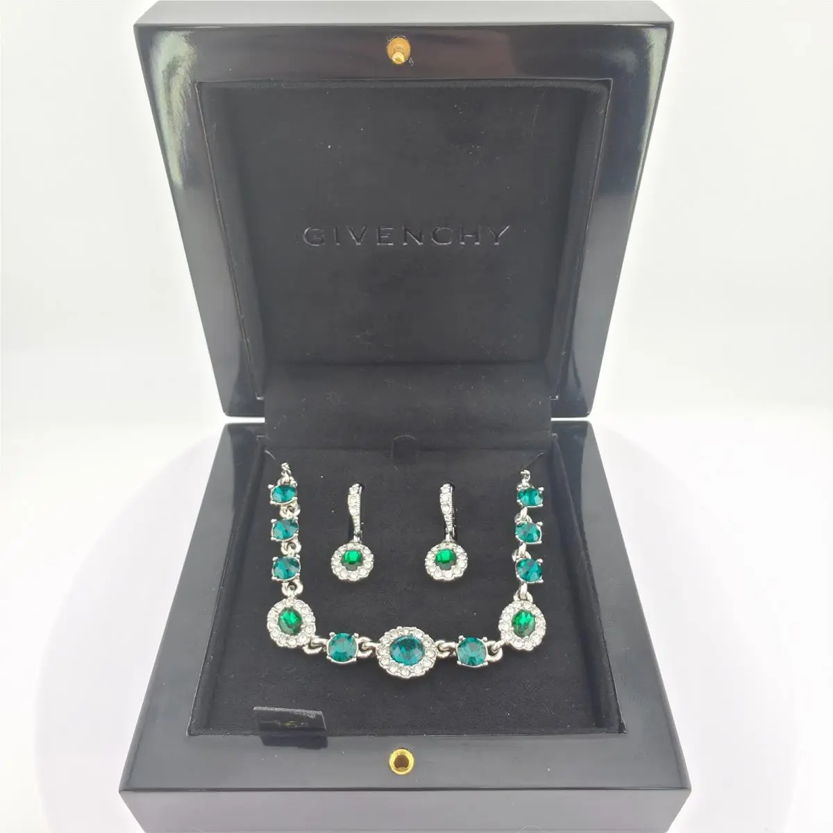 Necklace Earring Set Emerald Green Crystal Silver Tone 19 by Givenchy