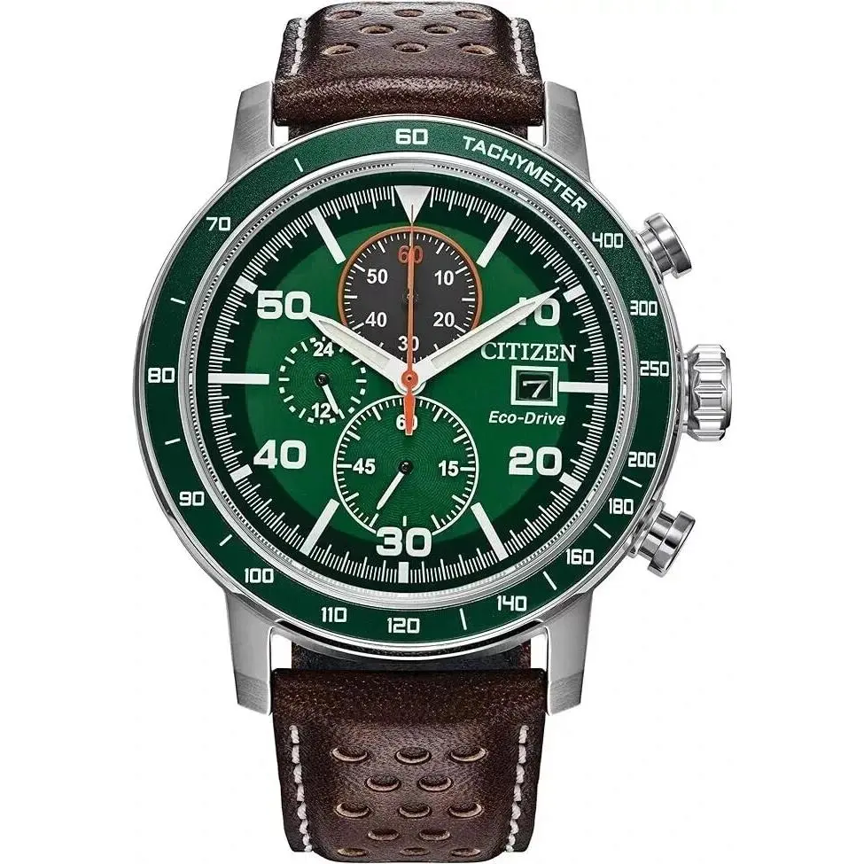 Eco-drive Brycen Chronograph Green Dial Mens Leather Watch CA0851-05X NE by Citizen