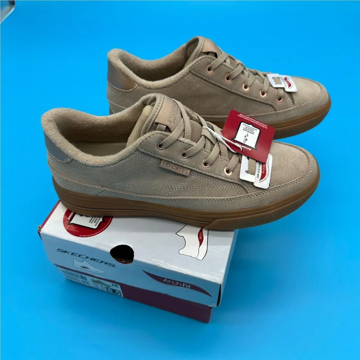 Skechers Arch Fit Arcade Meet Ya There Taupe Suede Sneakers Womens 8.5