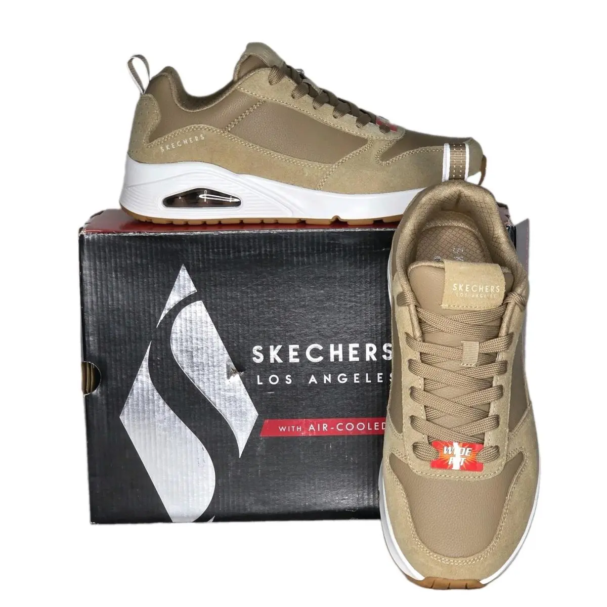 Uno Stacre Men`s Size 7.5 Wide Sand Color White Running Shoes Sneakers by Skechers
