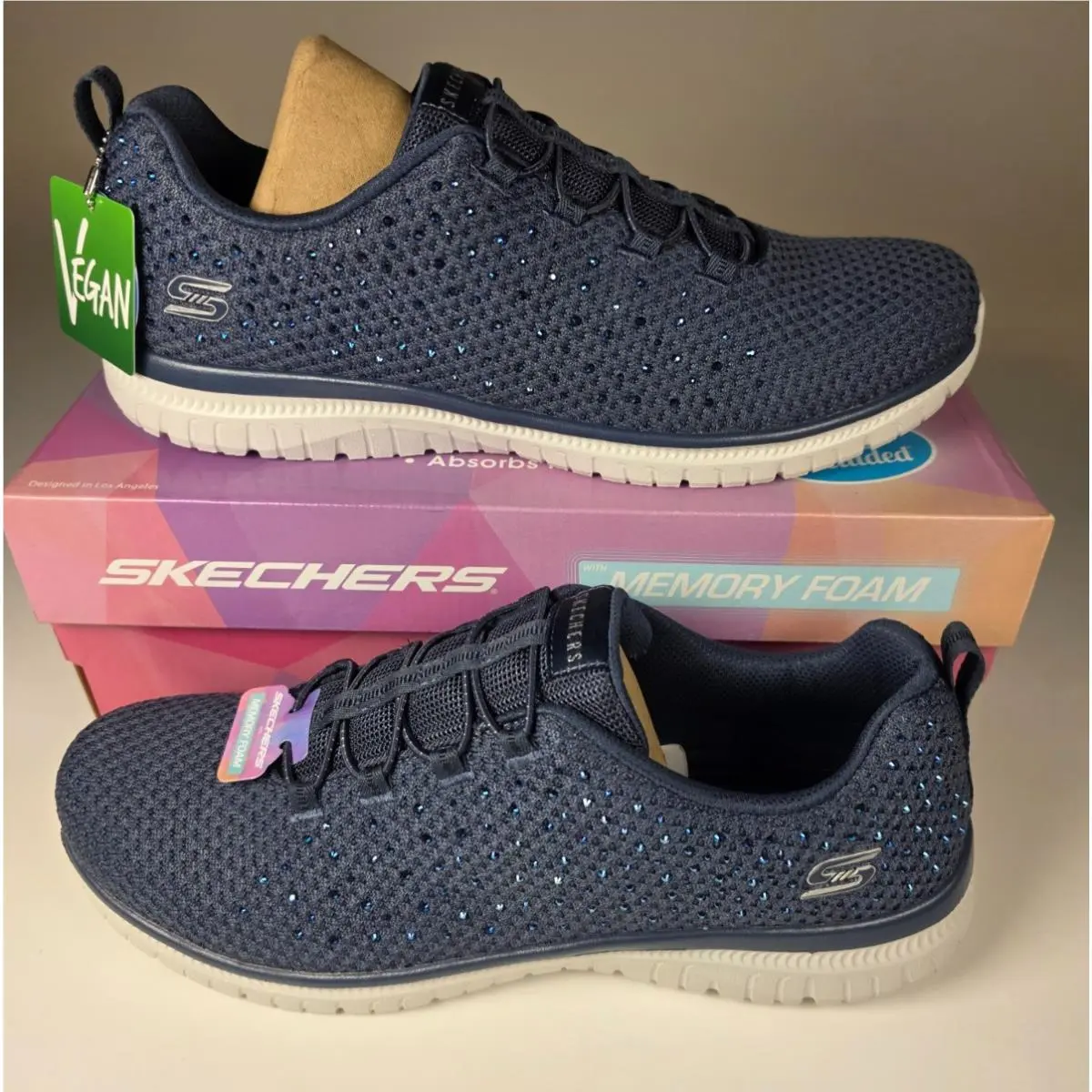 Virtue Glamour 104490 Navy Vegan Memory Foam Shoes Women`s 11 by Skechers