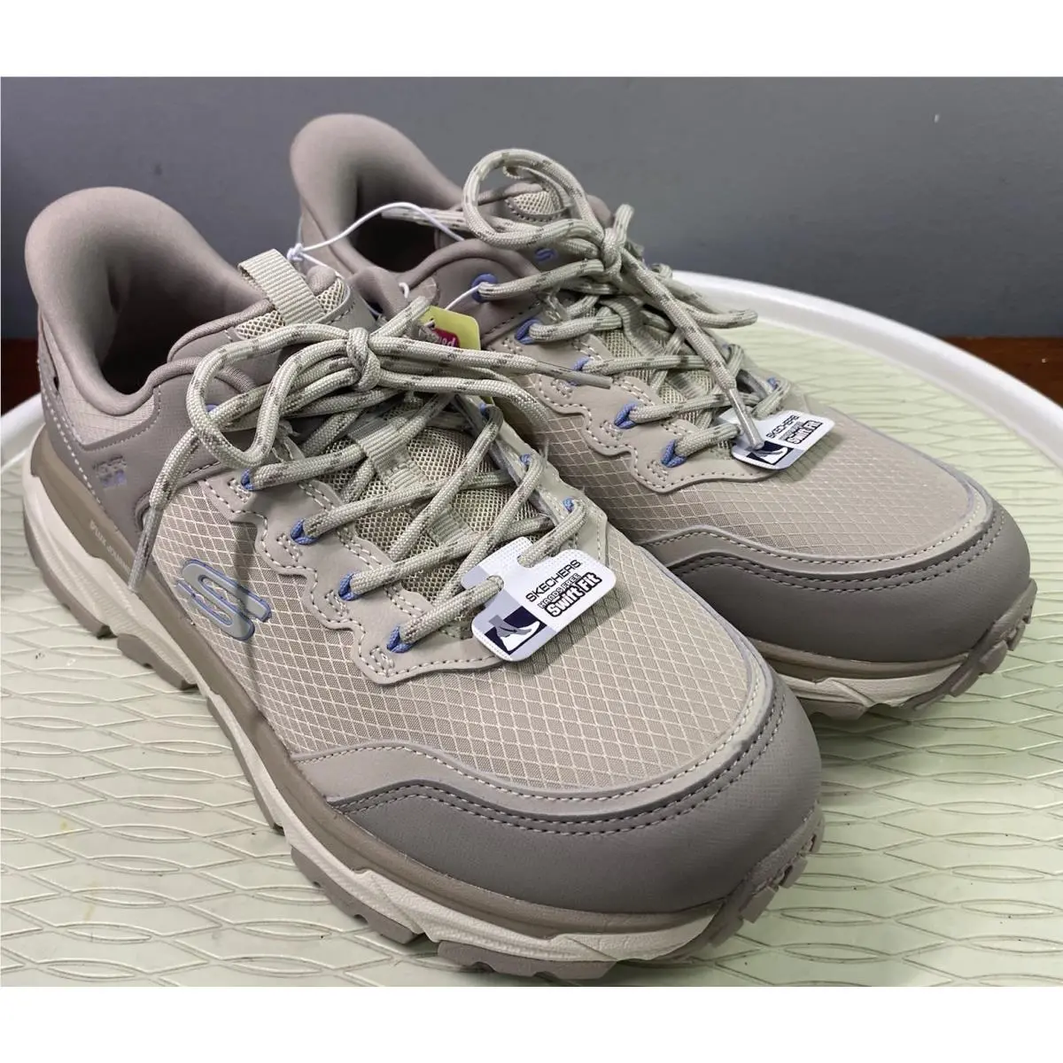 Women Hands Free Swift Fit Cushioned Memory Foam Sneaker Beige 10 by Skechers