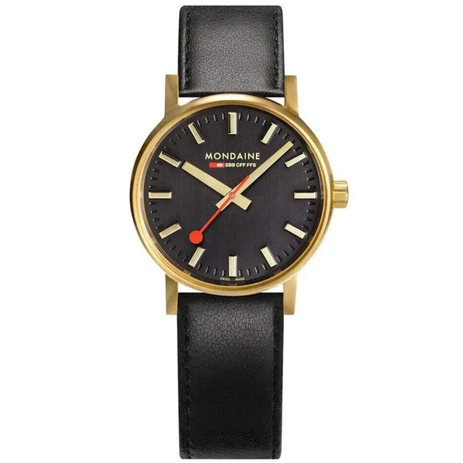 EVO2 30mm Gold Plated SS Case Black Leather Sapphire Crystal Watch by Mondaine