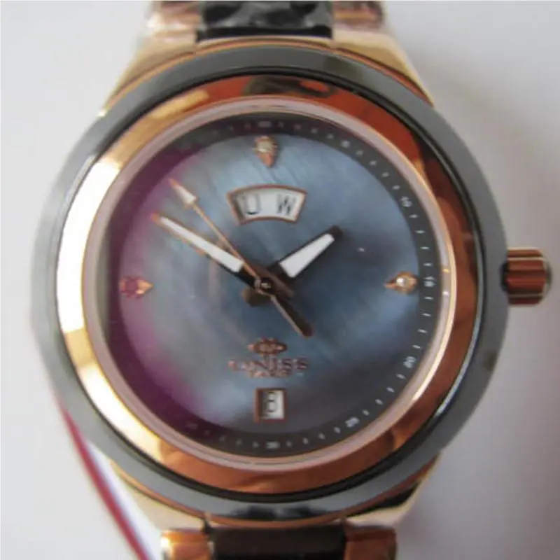 Lune Women`s Watch Quartz Black Ceramic Mop Gold Diamond ON435LRG by Oniss