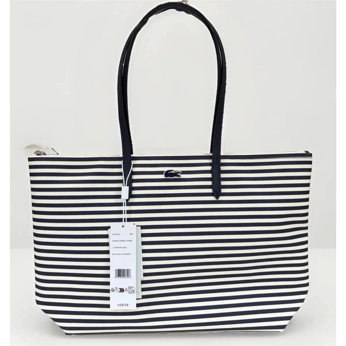 L Shopping Bag Striped Marine Farine Large Tote Shoulder Bag by Lacoste