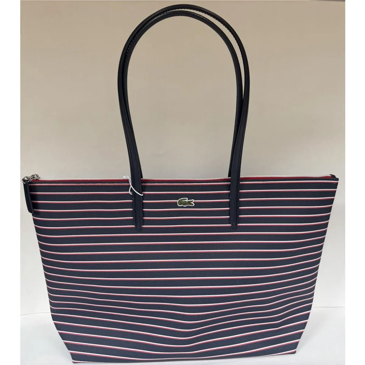 L Shopping Bag Striped Marine Grenadine Stripes Large Tote Shoulder Bag by Lacoste