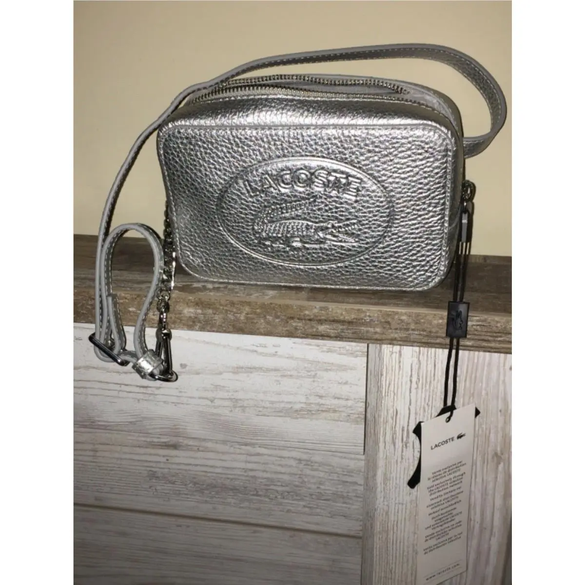 Metallic Silver Leather Zip Waist Bag w/ Strap 6 Square NF3245NJ by Lacoste