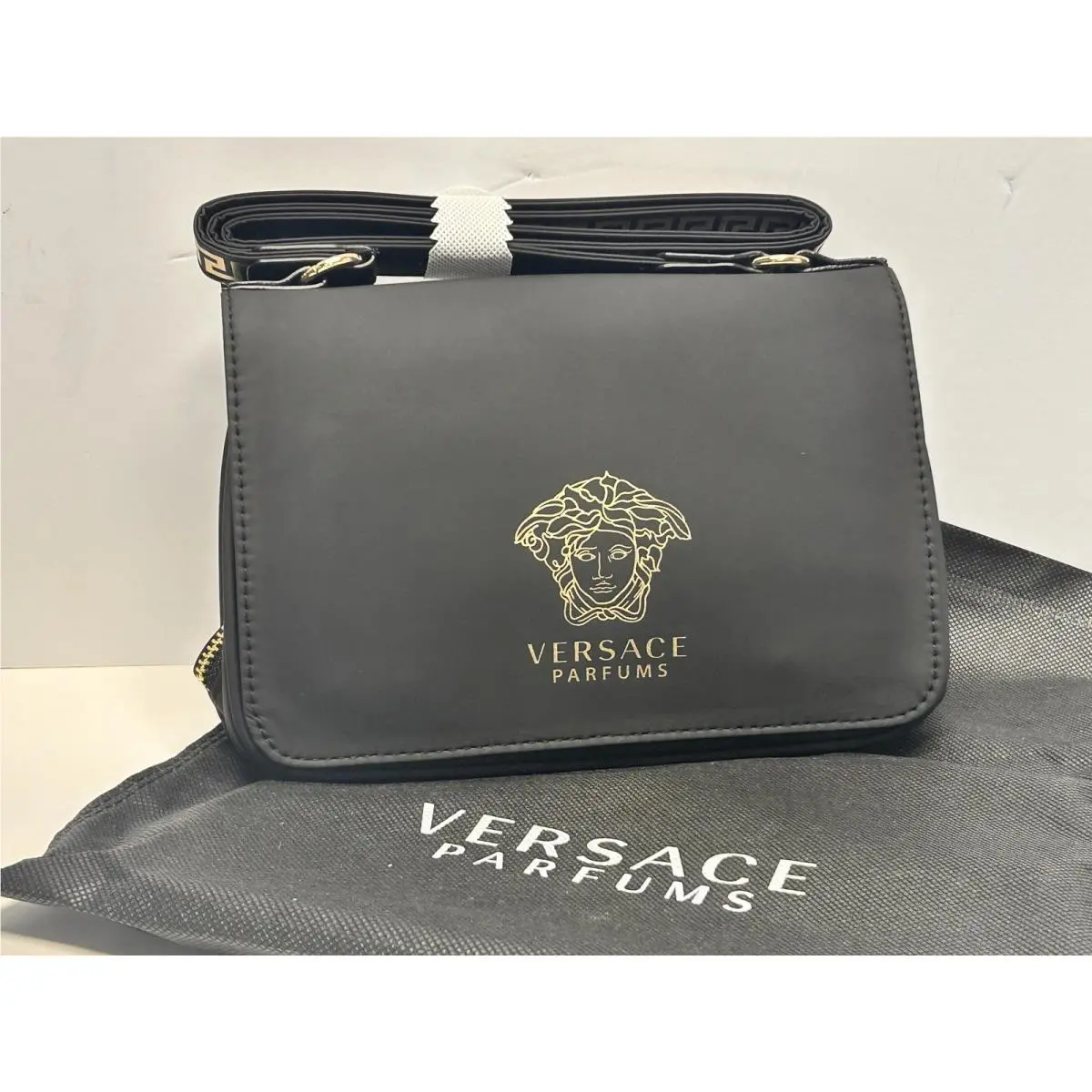 Parfums Black Leather Shoulder/crossbody Bag – with Dust Pouch by Versace