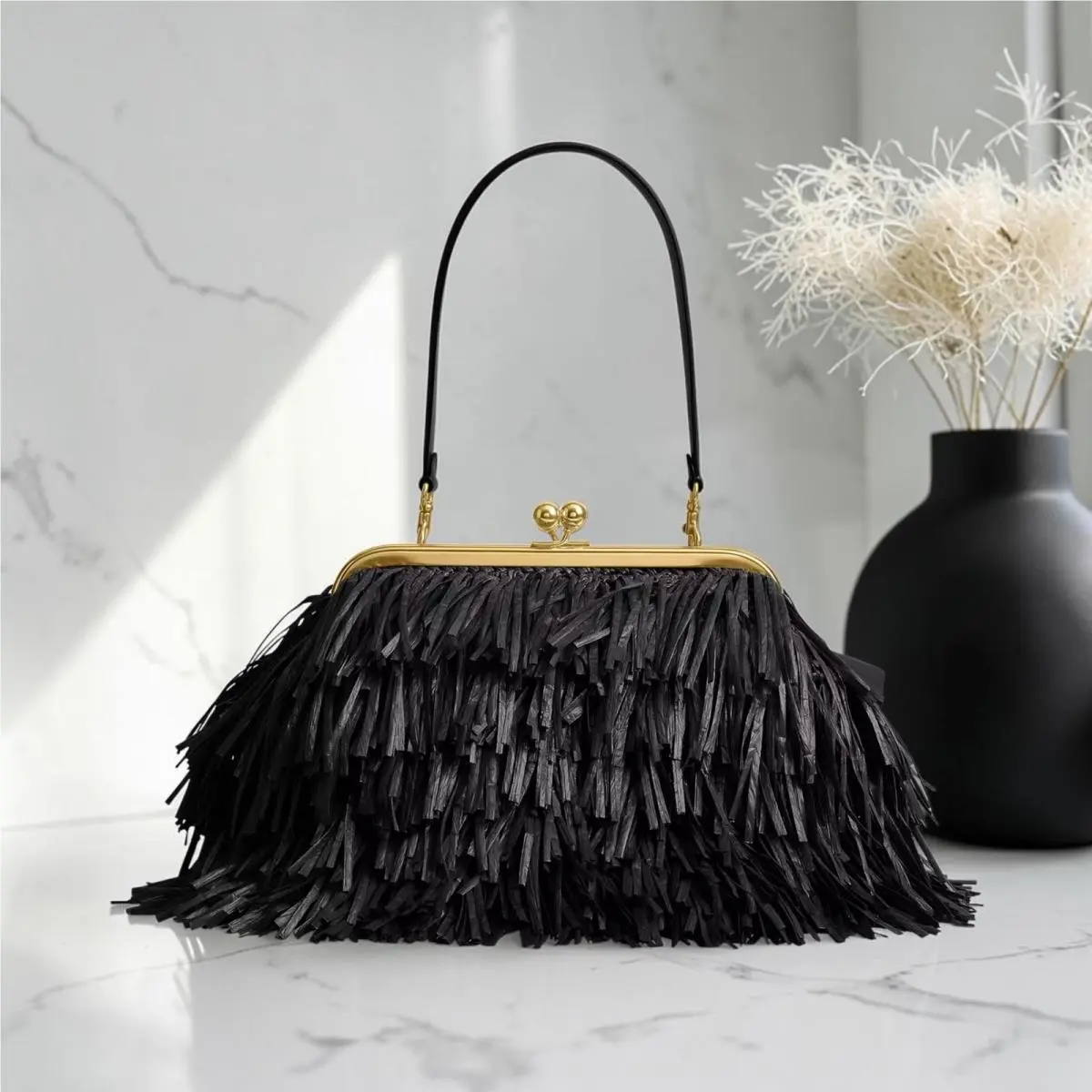 Kisslock Frame Bag 27 Black Straw Leather Fringe Handbag CEN92 B4/BK by Coach