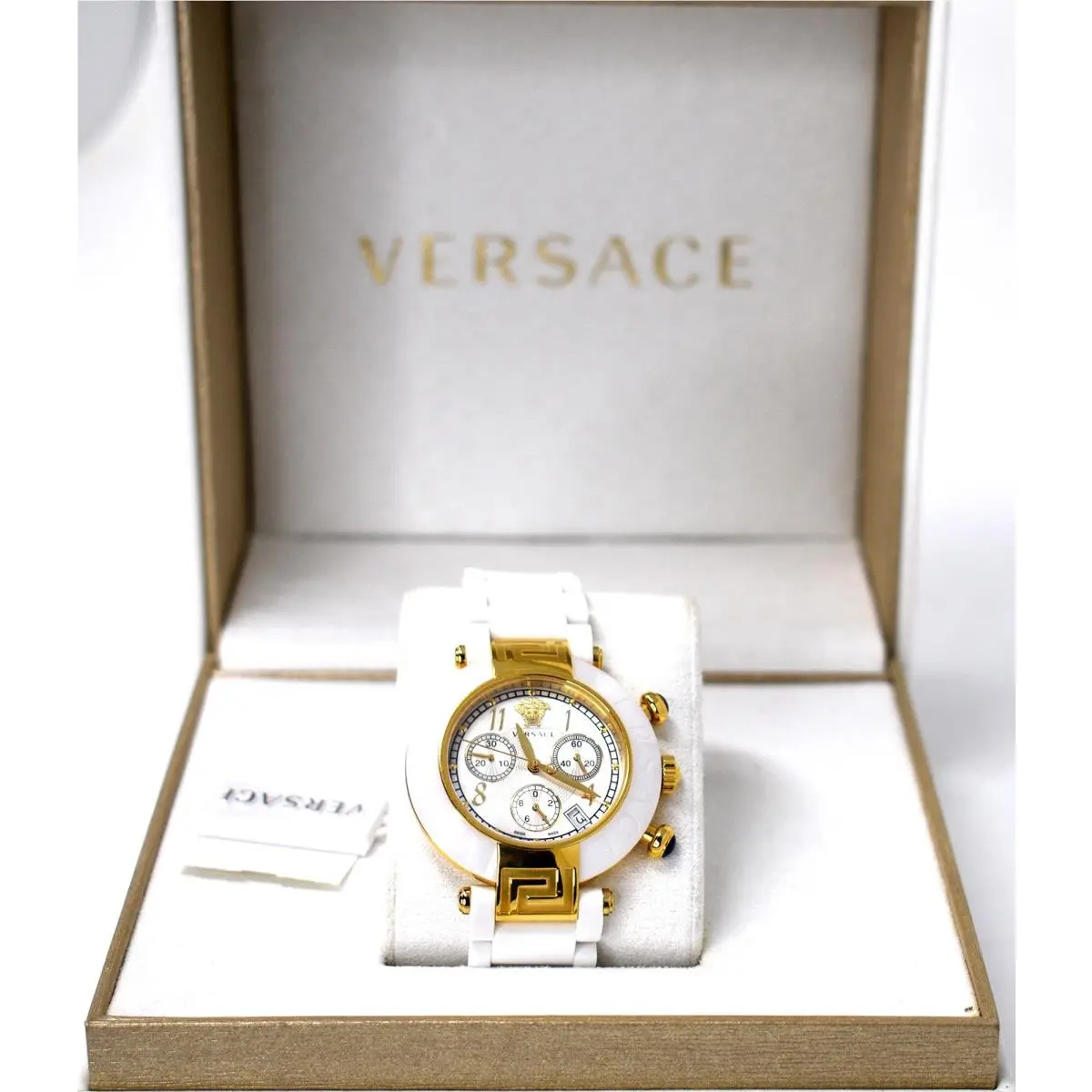 Women`s 95CCP1D497 SC01 Reve Chronograph Mop Date Ceramic Band Watch by Versace
